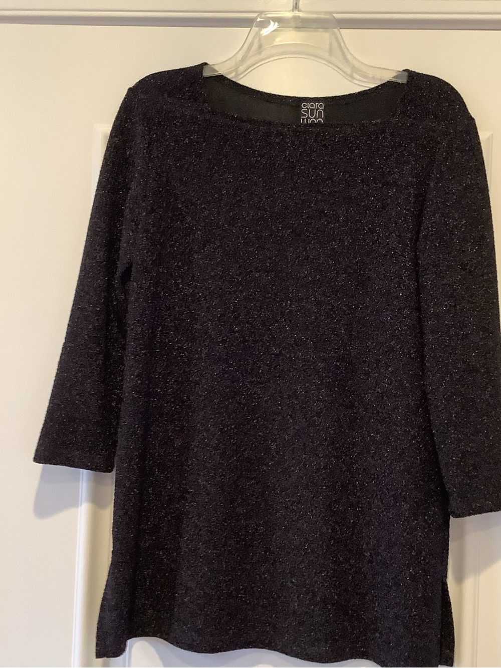 Clara Sun Woo Black Sparkle Blouse Top Size Small 3/4 Sleeves Slinky Iridescent